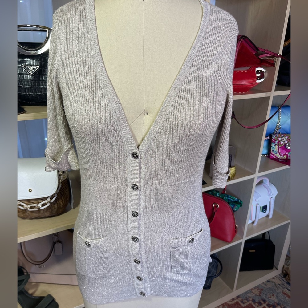 Whbm Champagne Metallic Button Down Sweater - image 1